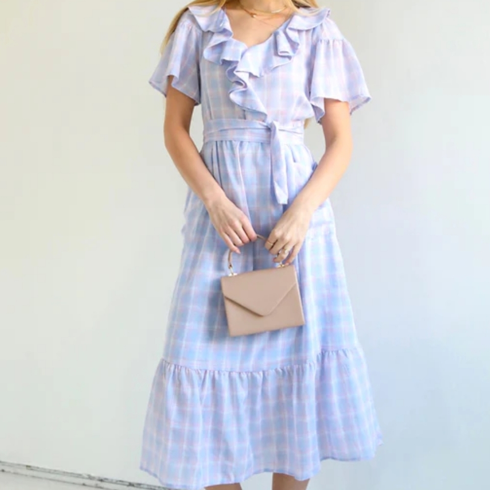 Calista Collection Blue Plaid Chiffon Ruffle Belted Midi Dress Size Medium
